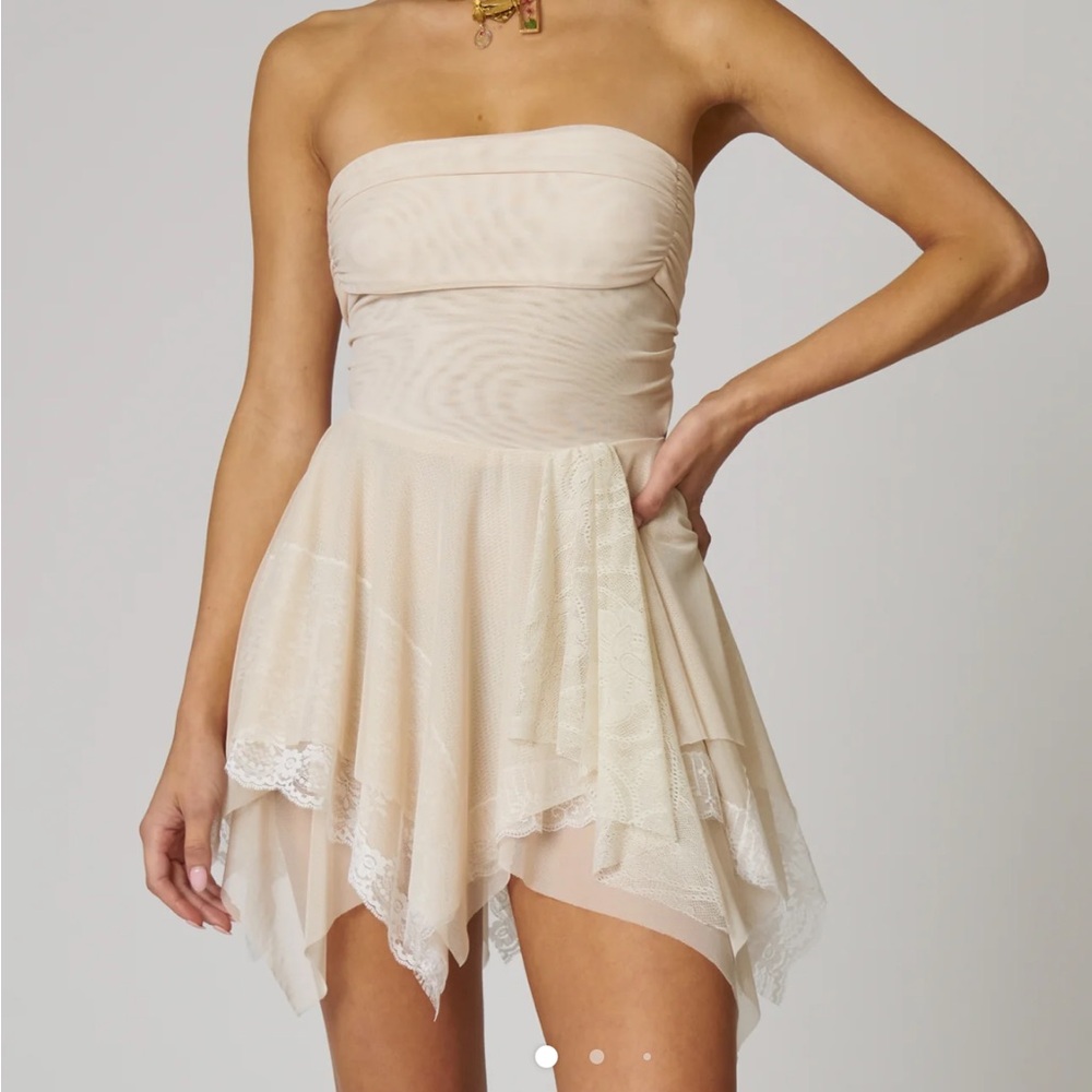 Strapless Ivory Lace Handkerchief Hem Dress